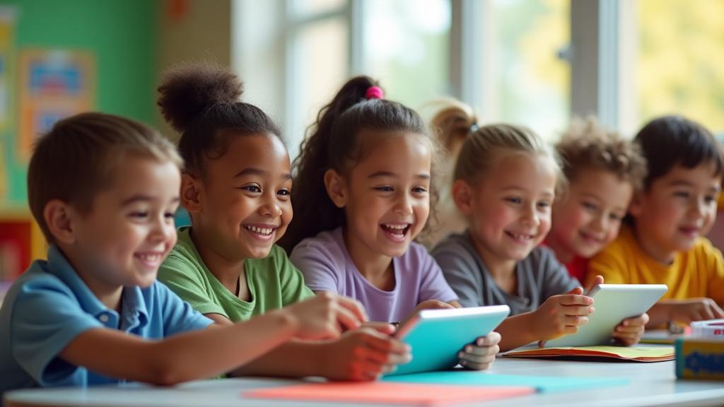 Students excitedly playing a gamified learning activity on tablets in a modern classroom, diverse group.