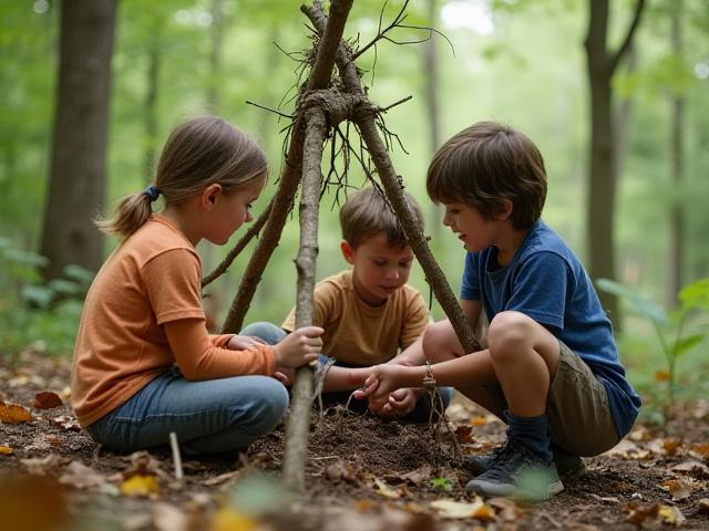 Students collaborating to build a small shelter from branches and leaves in a forest, demonstrating teamwork and communication.
